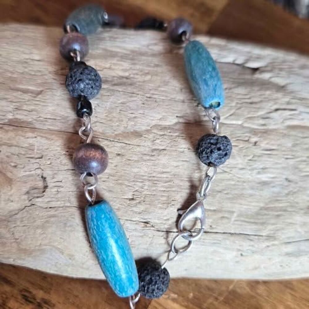 Men's Aromatherapy Bracelet 9" | Lava Stone & Wood Bead Essential Oil Bracelet
